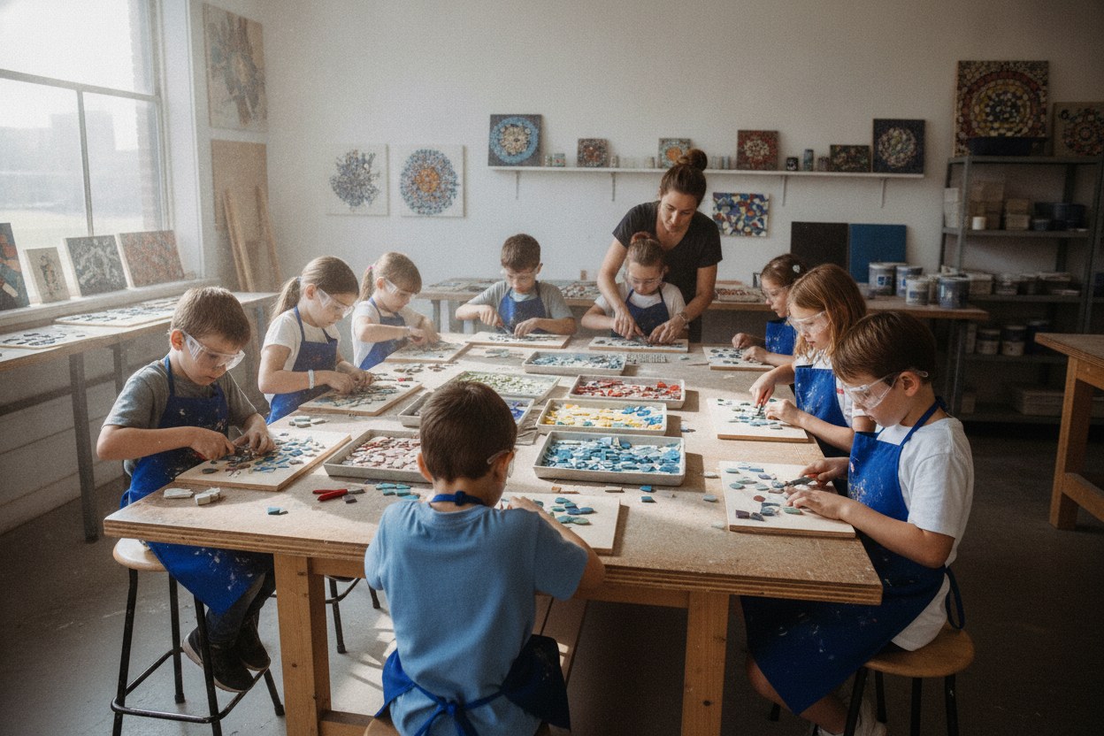 Mavi önlüklü çocuklar atölye masasında mozaik yaparken